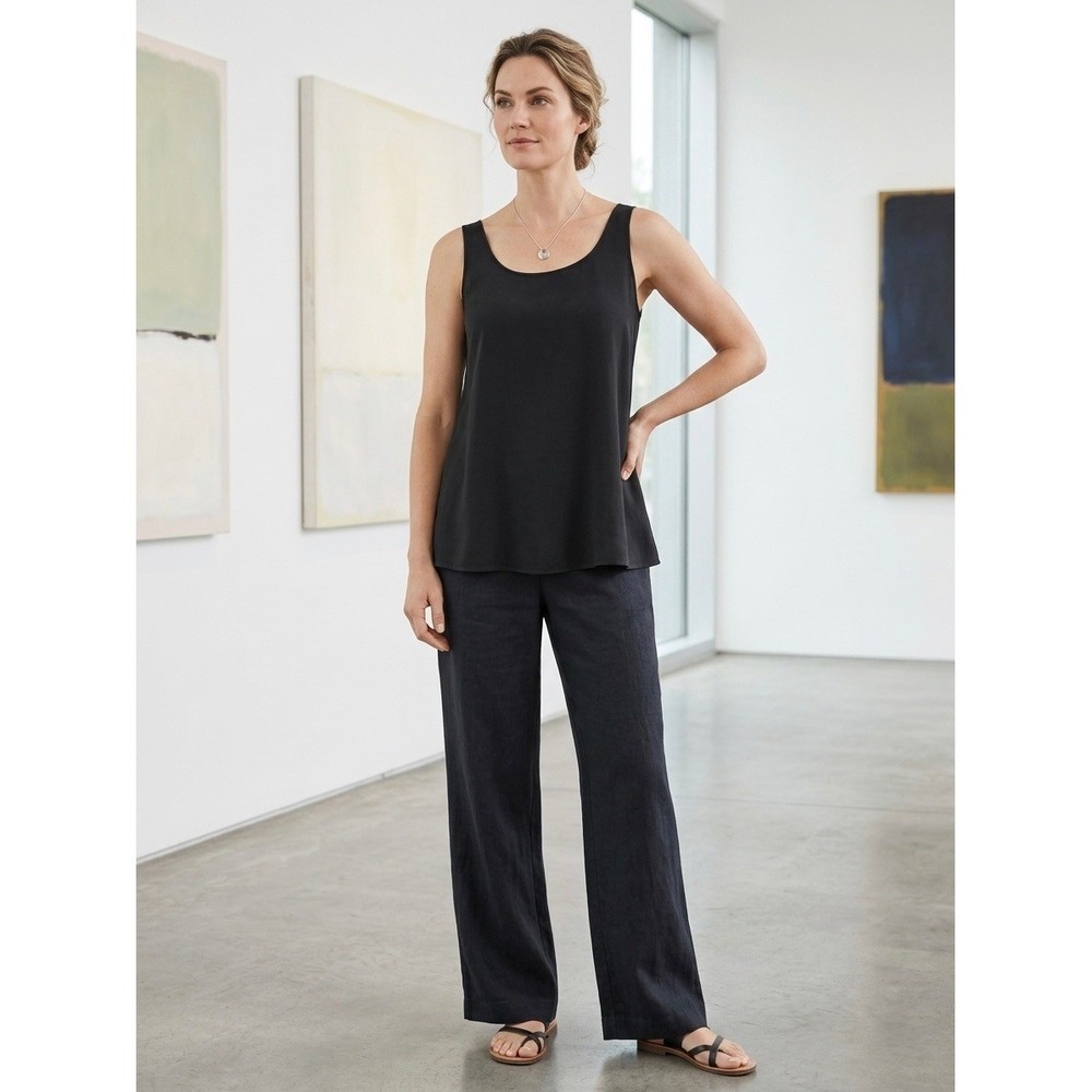 Eileen Fisher Womens Black 100% Silk Georgette Scoop Neck Tank Top Blouse Large